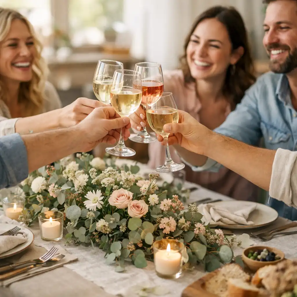 Celebration table with floral arrangements and guests toasting