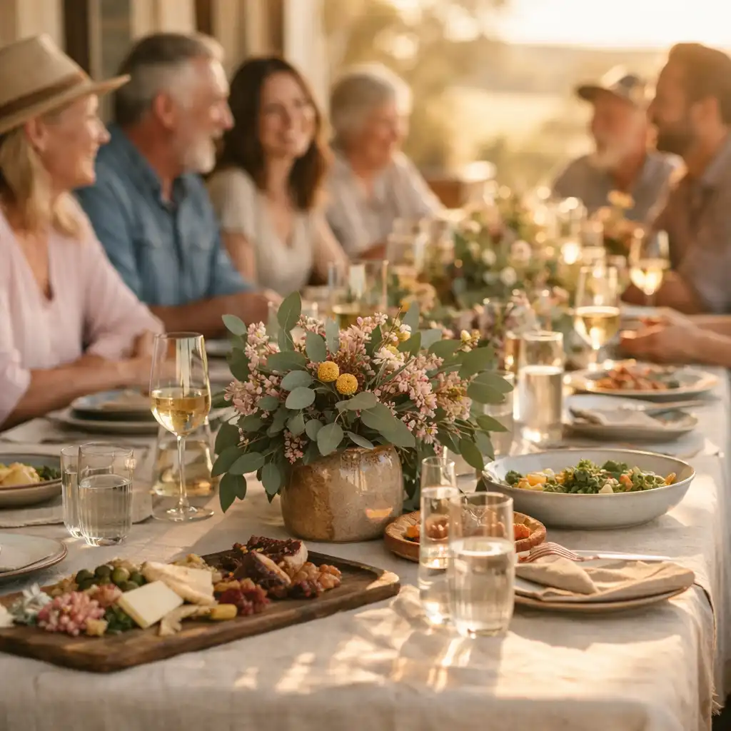 Guests sharing a sunlit communal dining table