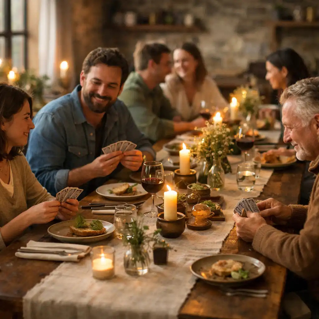 Communal countryside table with guests dining and chatting