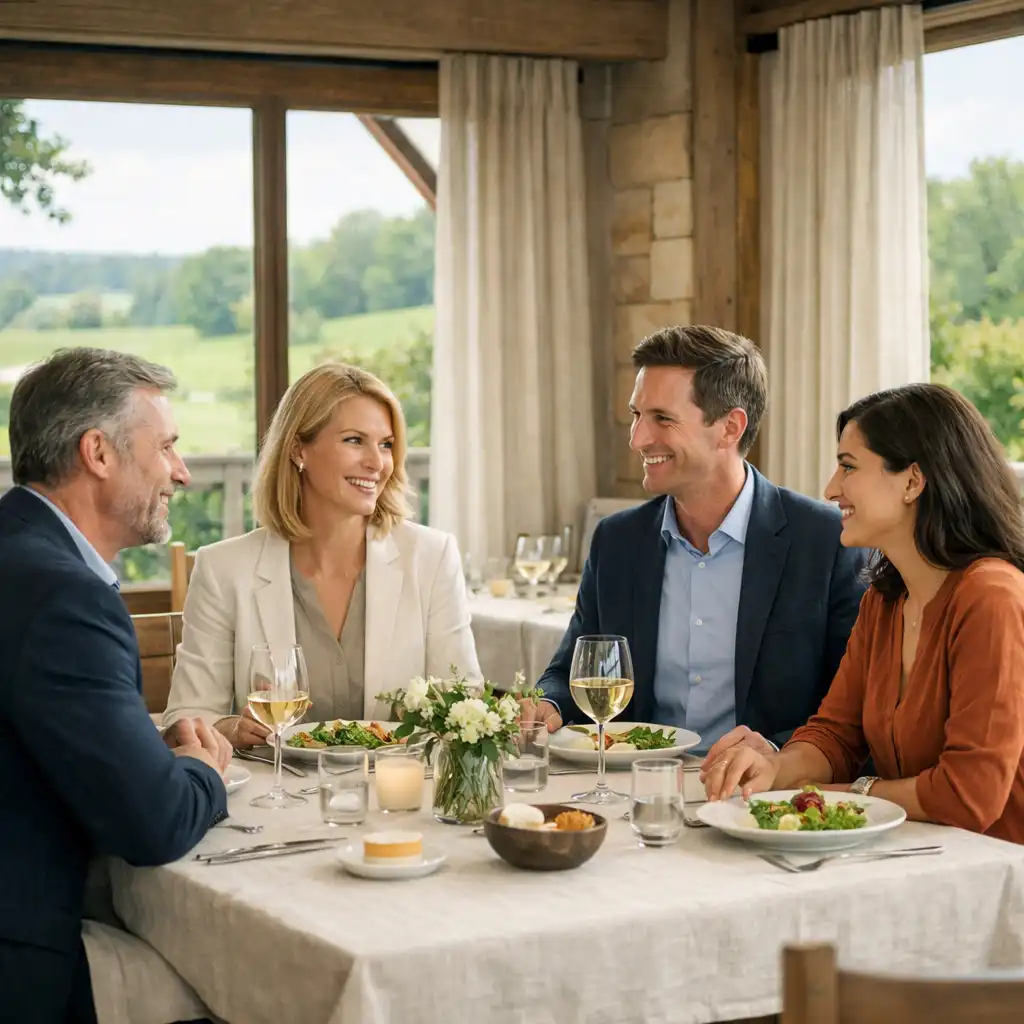 Corporate group enjoying a relaxed dining setting
