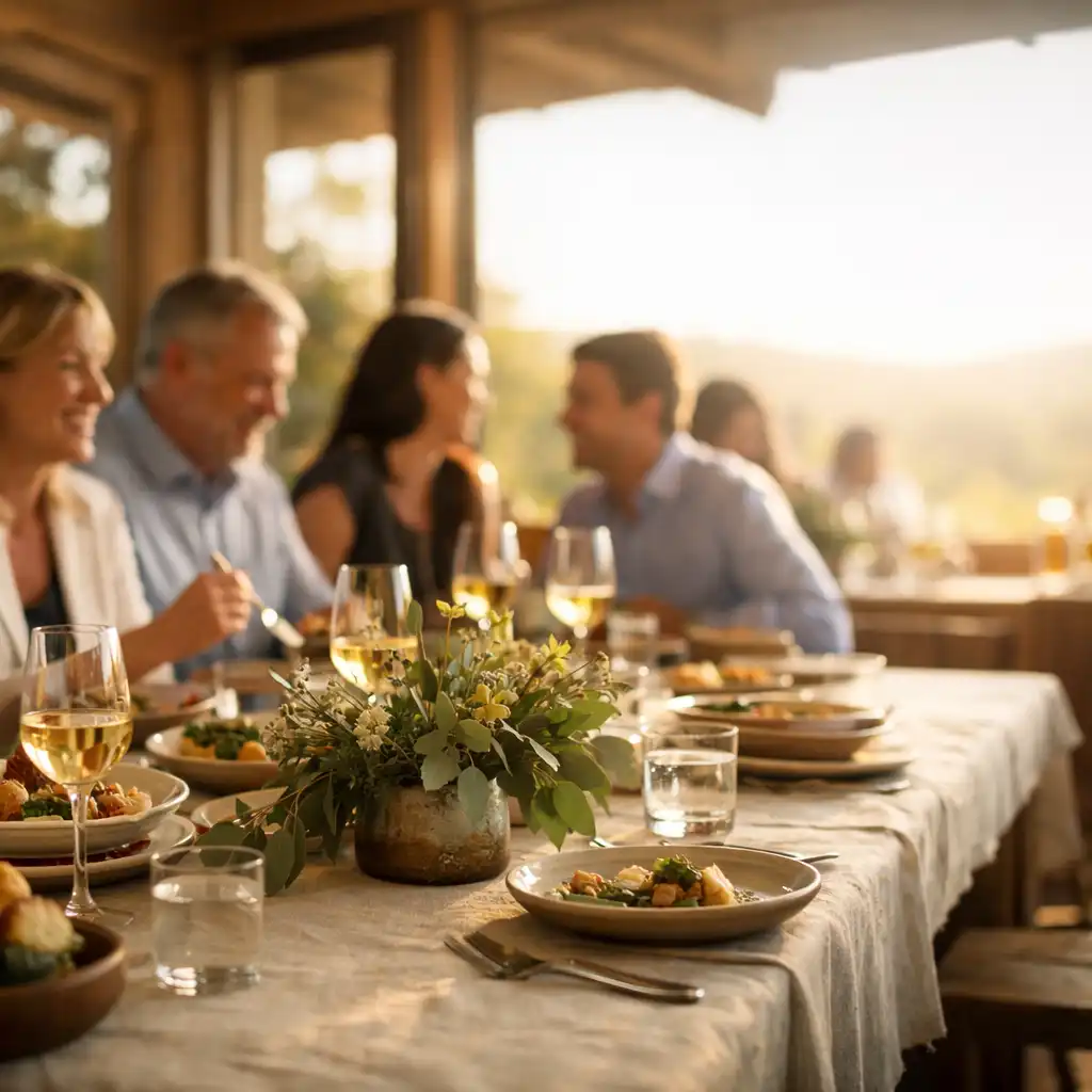 Professionals enjoying a relaxed shared meal in a sunlit countryside restaurant setting