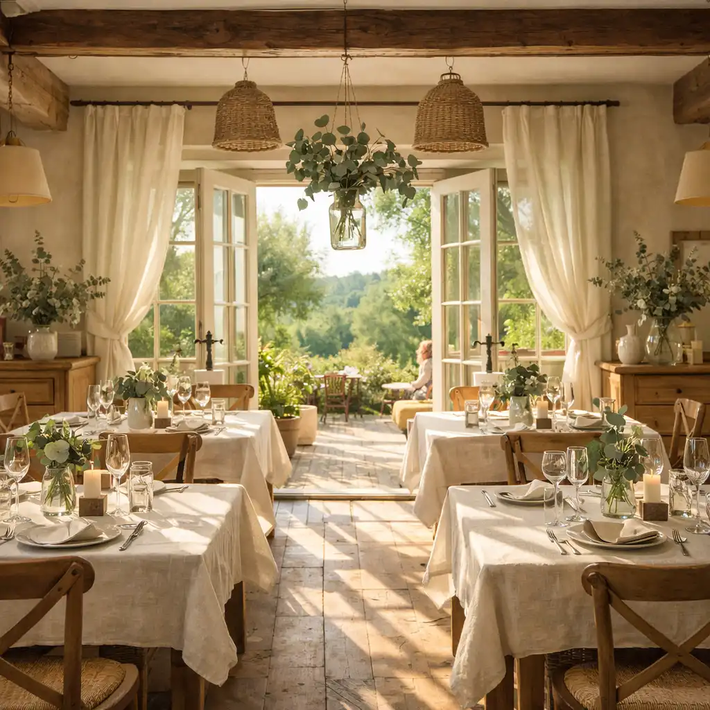 Sunlit countryside restaurant interior with linen and wood