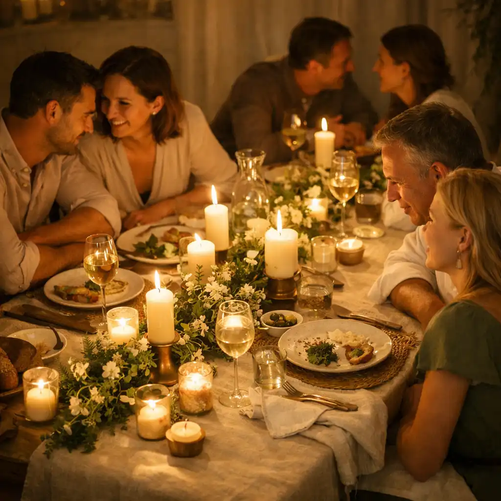 Warm evening table with candlelight and guests in conversation