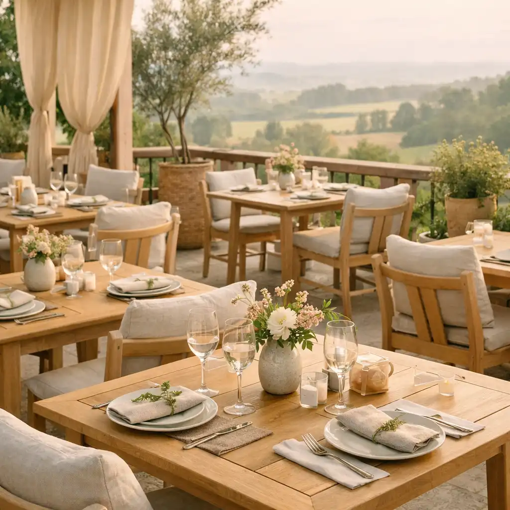 Terrace dining space with soft light, linen textures and botanical decor