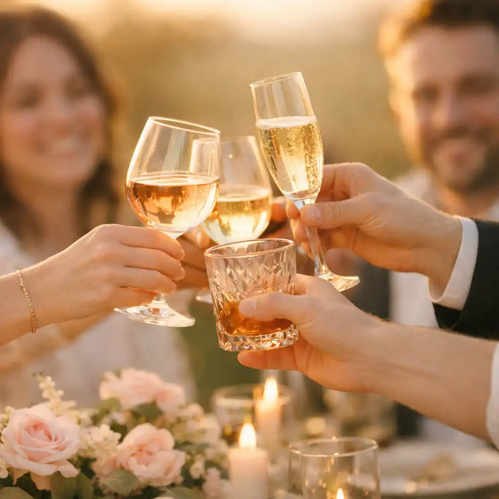 Guests raising glasses in a warm celebratory toast