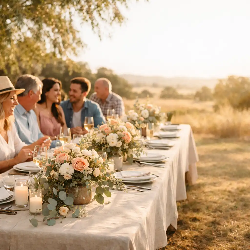 Sunlit communal dining table with guests enjoying a countryside gathering