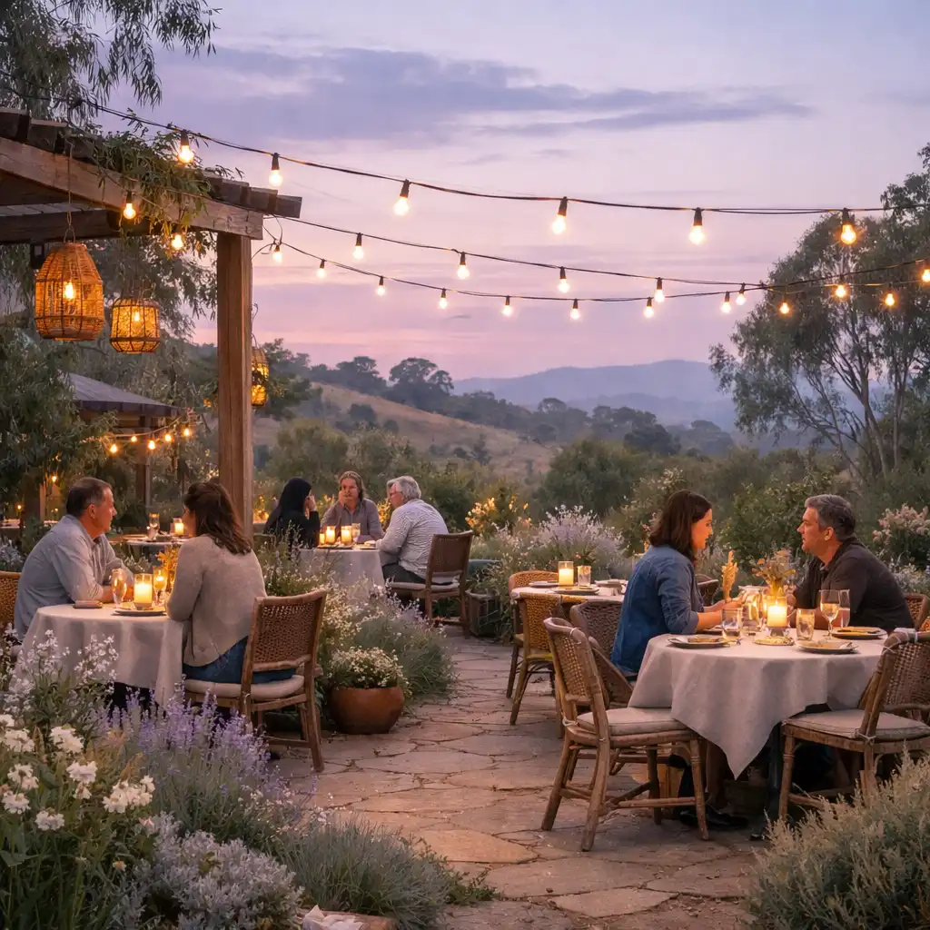 Outdoor terrace dining at dusk with warm lights