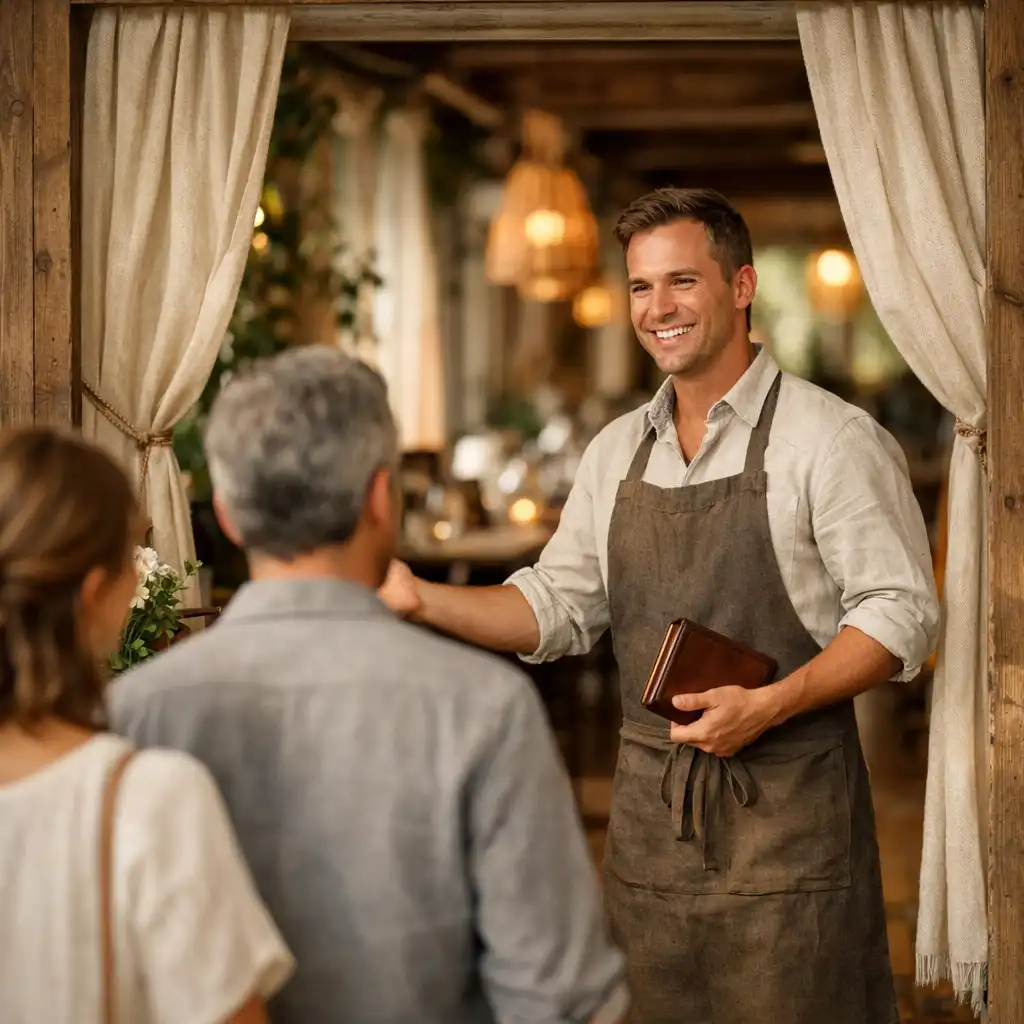 Host welcoming guests at a softly lit restaurant entrance