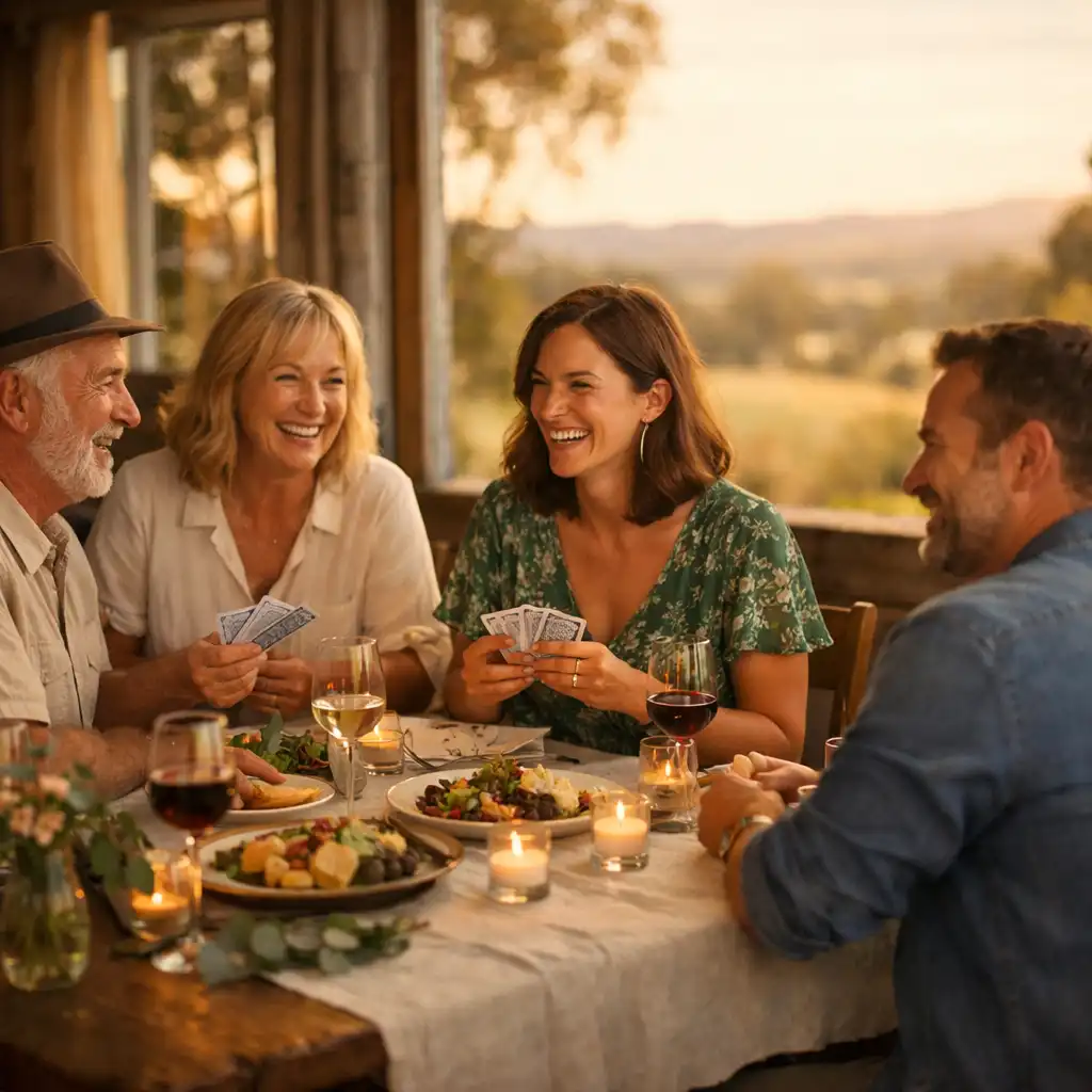 Guests enjoying a relaxed poker evening with shared food and warm light