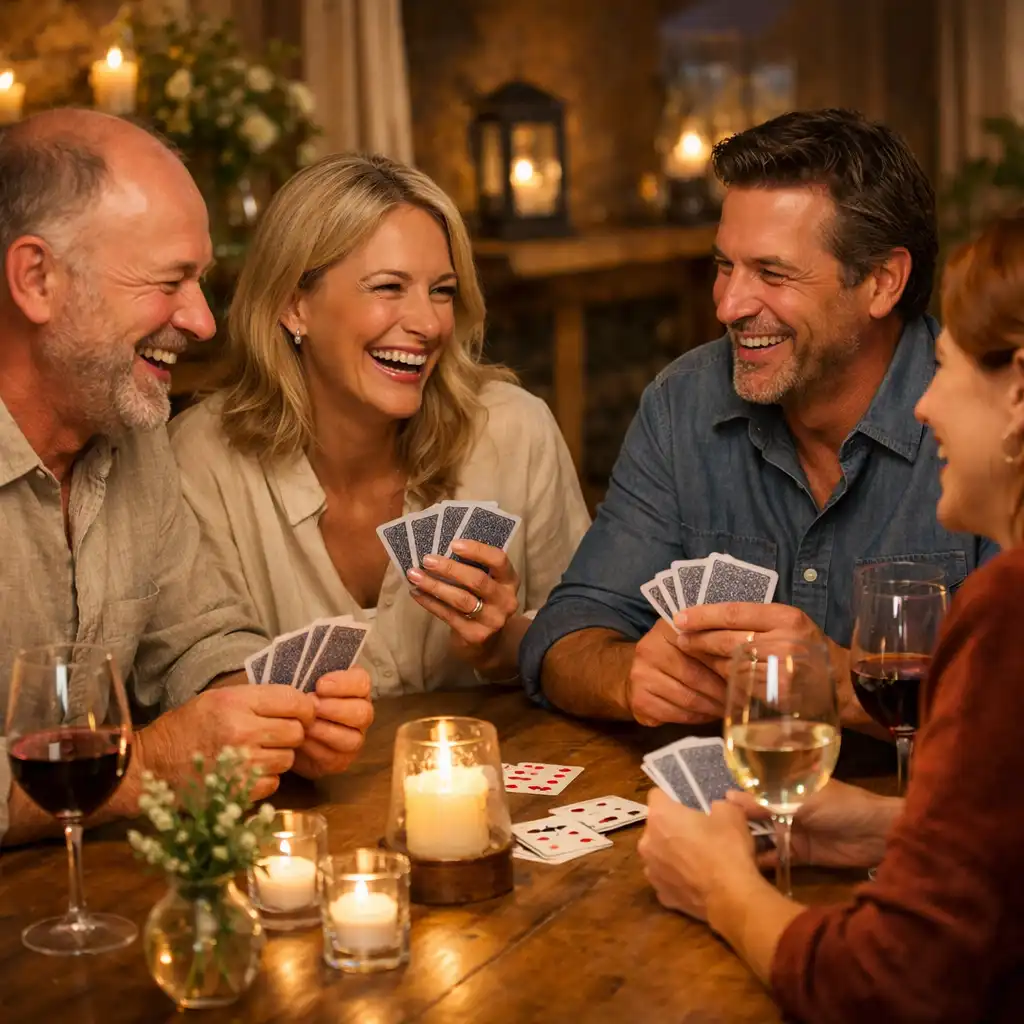 Friends laughing during a relaxed poker evening