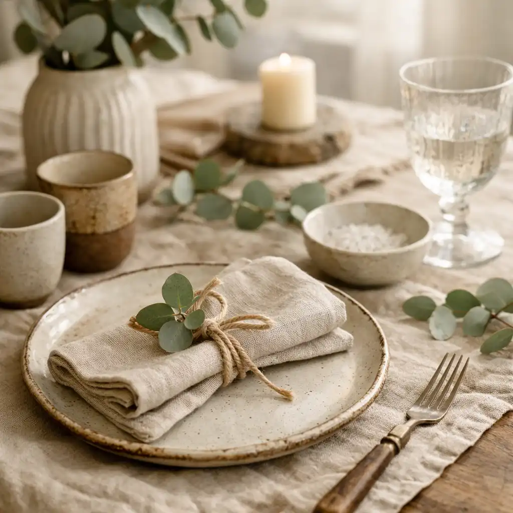 Close-up of linen table setting with ceramics and eucalyptus detail