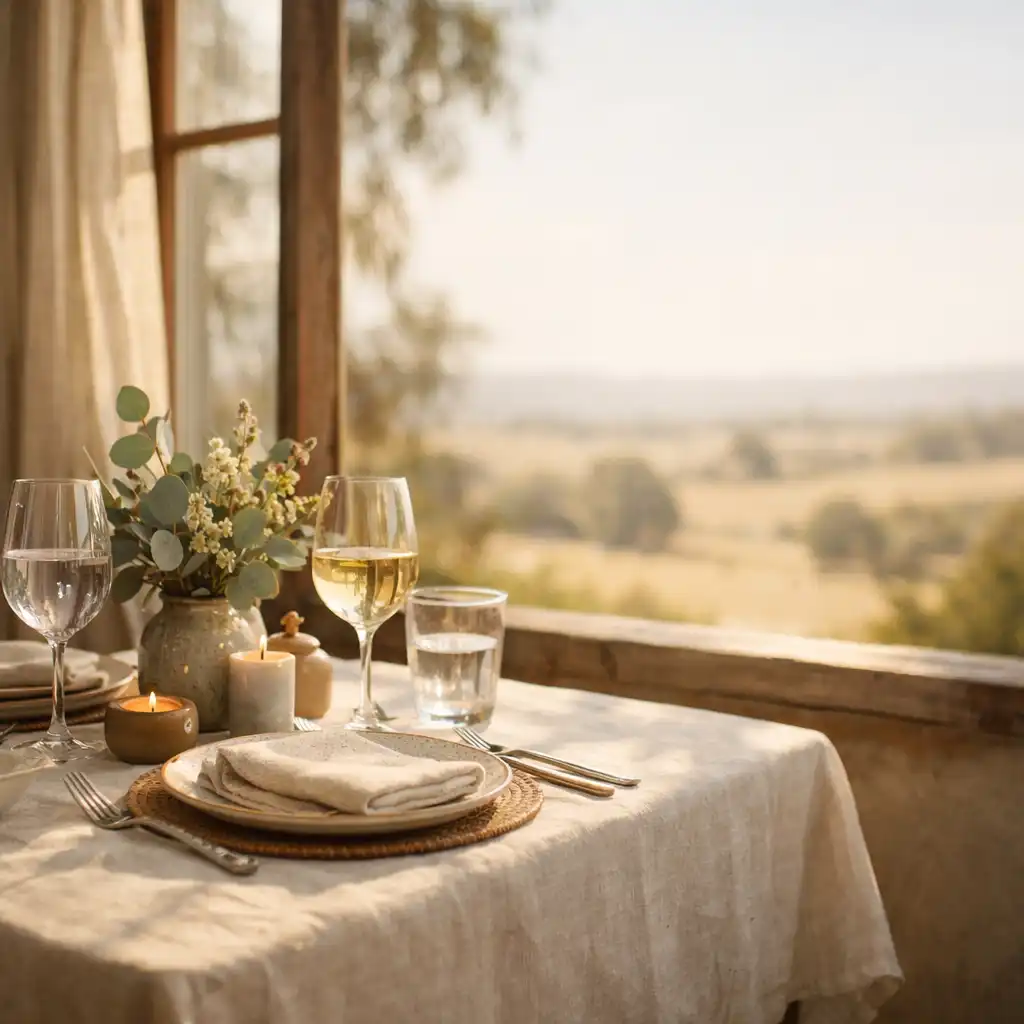 Sunlit private dining table with linen cloth and botanical accents near a window