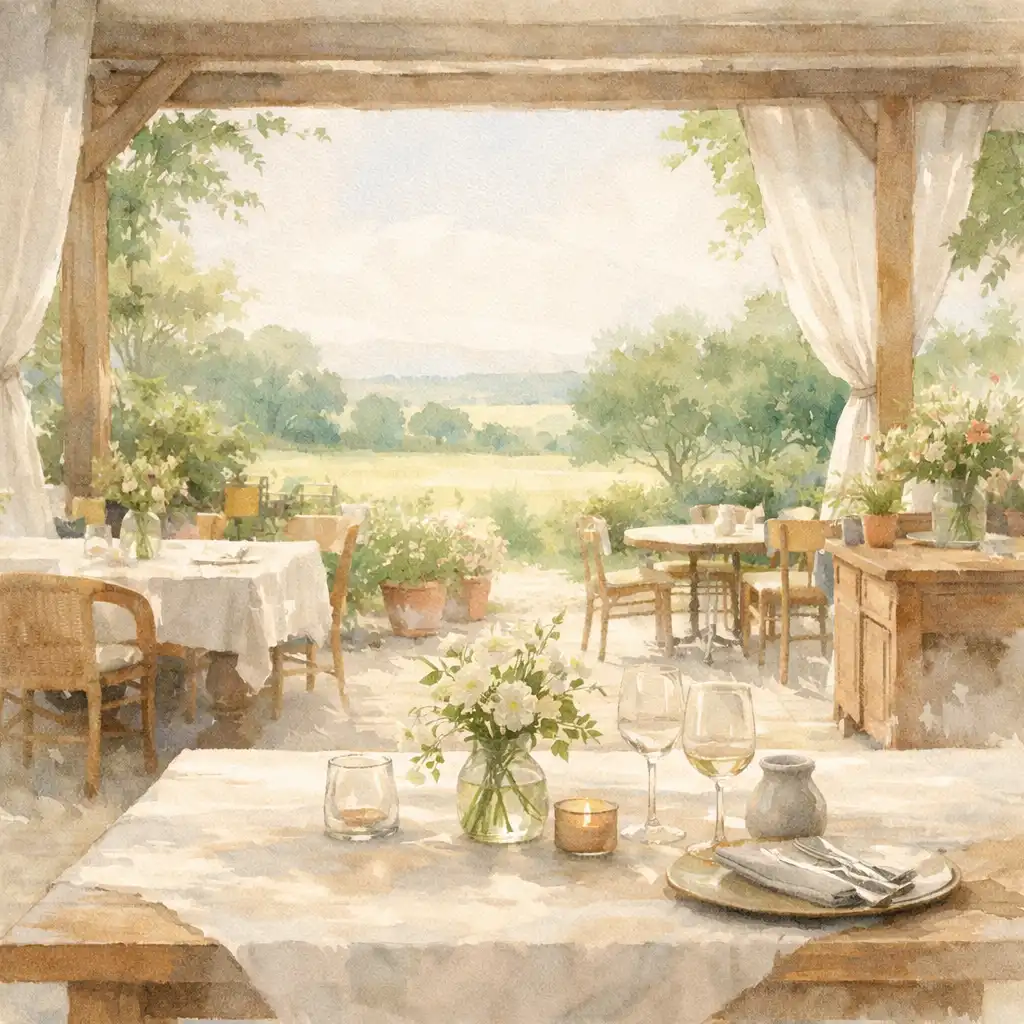 Sunlit countryside restaurant interior with botanical styling and open airy space