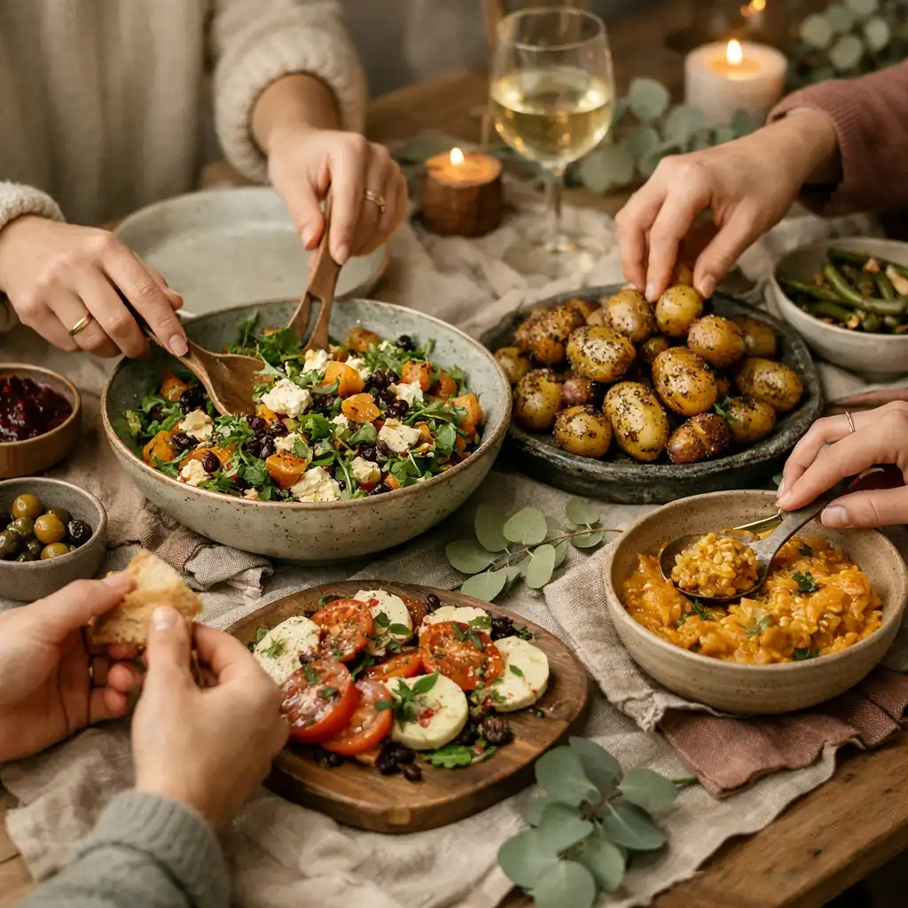 Shared dining table with hands reaching for seasonal dishes and rustic platters