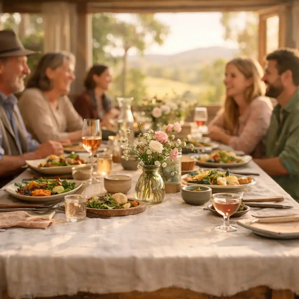 Sunlit communal dining table with guests sharing food and conversation