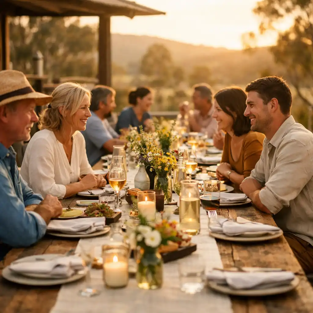 Guests sharing a sunlit communal meal on a countryside terrace