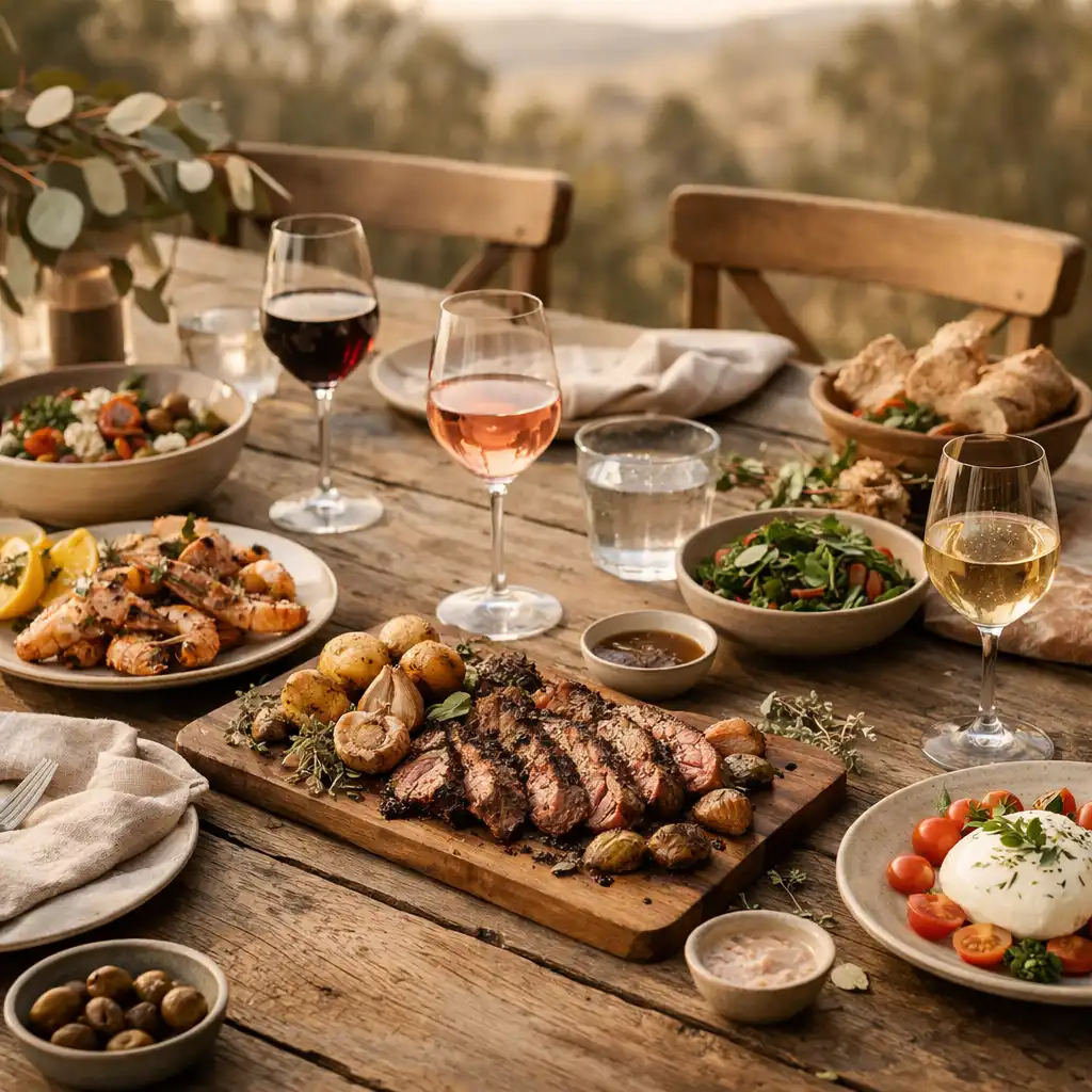 Wine and shared dishes on a rustic table